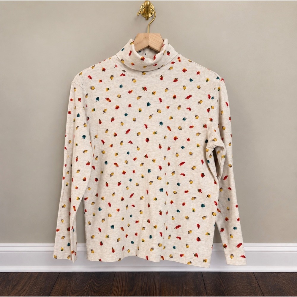 Talbots Petites Women M Turtleneck Top Cream Autumn Leaf Acorn Print 100% Cotton